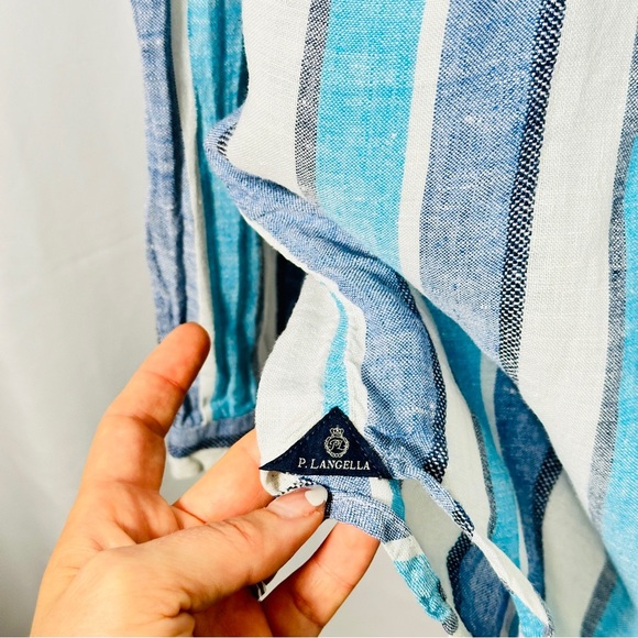 P. Langella Linen Button Down Italian Stripe Shirt Mediterranean Men’s M Blue - Picture 6 of 16